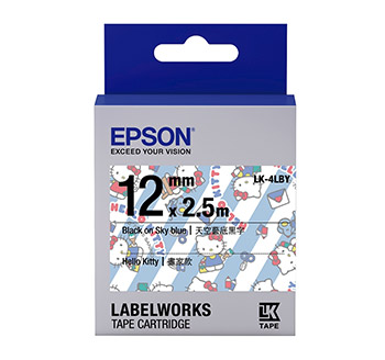 EPSON LK-4LBY Kitty系列 畫家款 標籤帶 (12mm 天空藍底黑字)